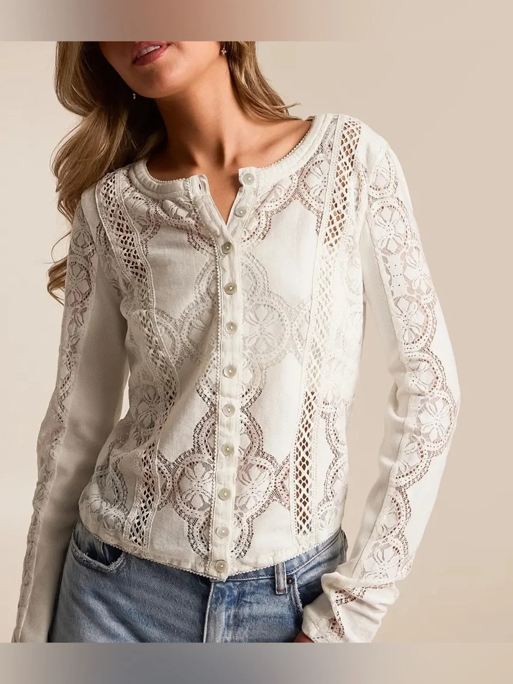 Free people Jae Sheer Lace Knit Long Sleeve Top